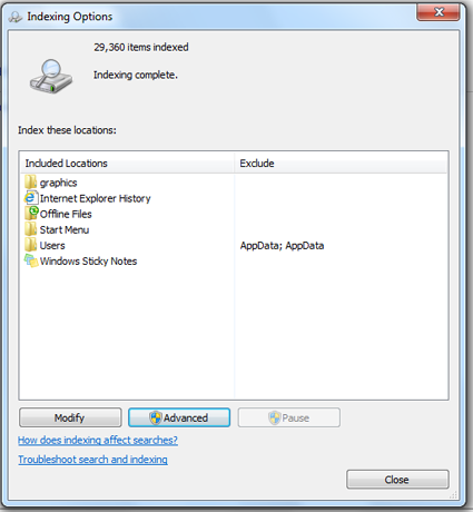Options d'indexation de la recherche dans Windows 7