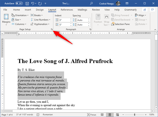 De knop Dialog Box Launcher in het gedeelte Pagina-instelling in Word