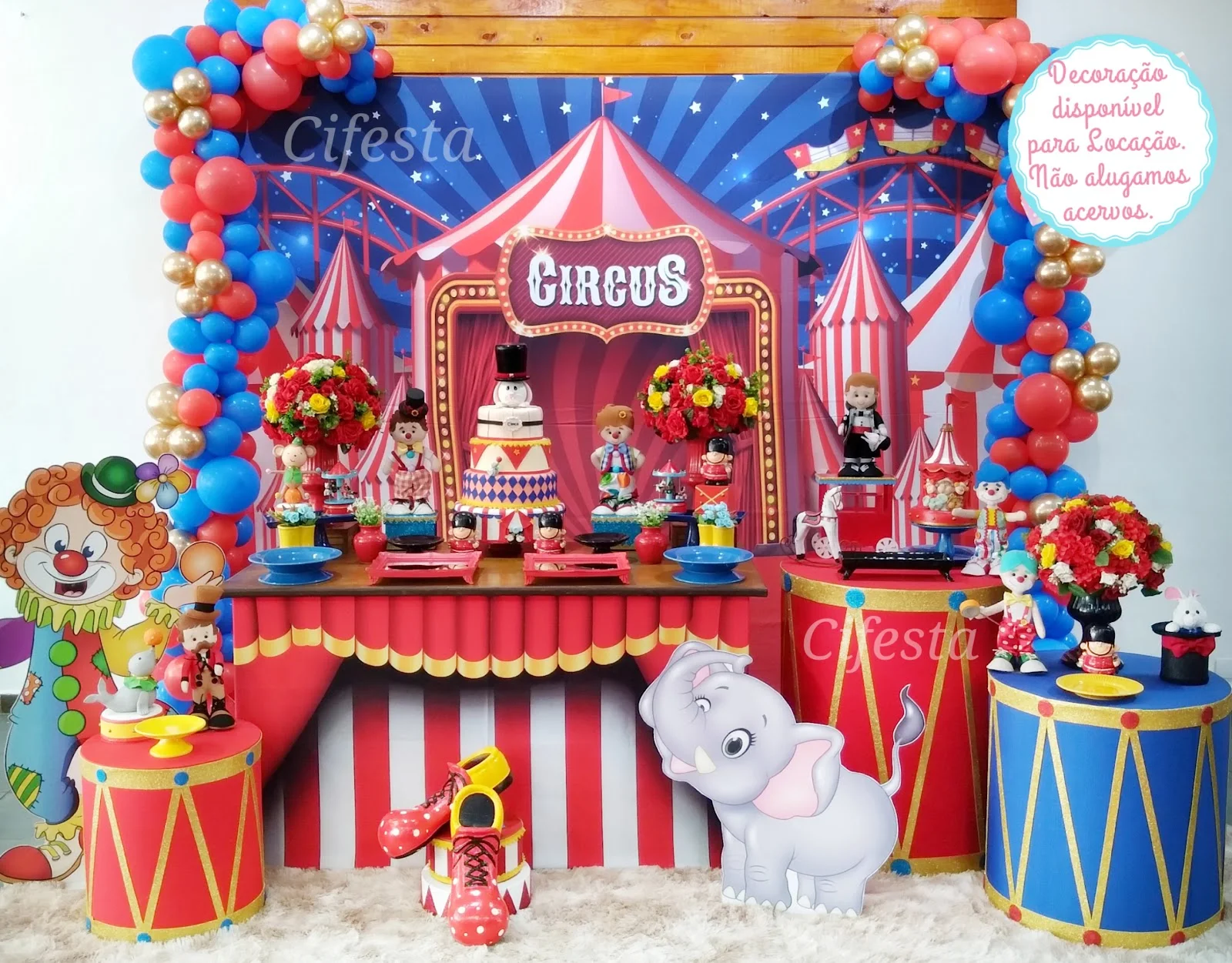 Locação de decoração para festa infantil, cenário personalizado com o tema Circo Vermelho, decoração e ornamentação Cifesa