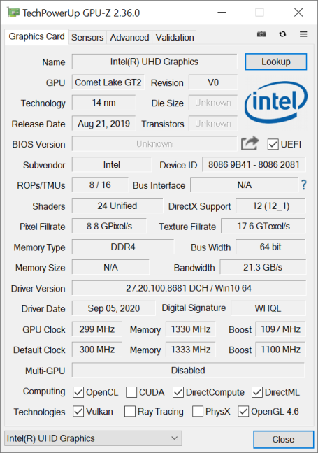 El chip gráfico dentro del Intel NUC10i5FNH