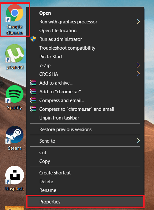 Faites un clic droit sur Google Chrome et sélectionnez Propriétés