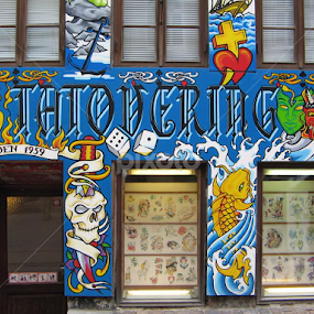 tato shop by Igor Fabjan - City,  Street & Park Markets & Shops ( kopenhagen, blue tatoo, danemark, tatoo in the street, tatoo shop )