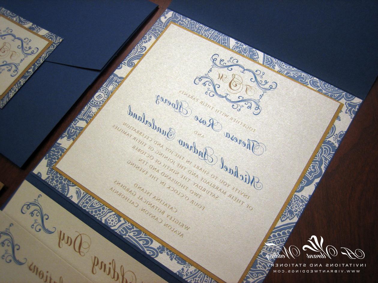 Navy Blue and Champagne wedding invitation 5.75x5.75 Pocket fold style