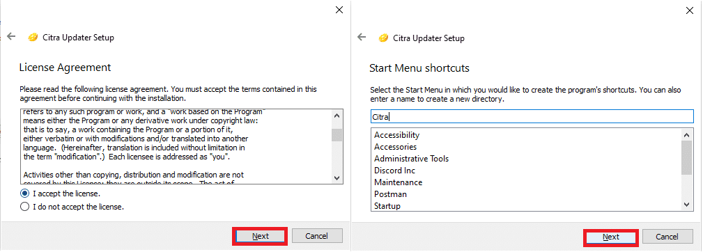 Haga clic en Siguiente en las próximas dos ventanas posteriores para aceptar la licencia y crear un acceso directo.