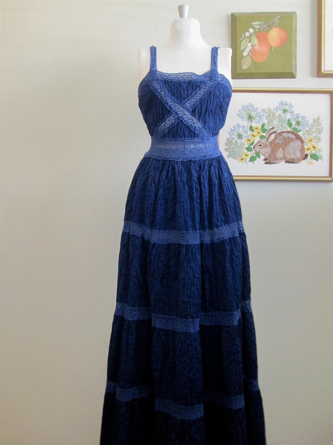 Vintage 1970s Bohemian Wedding Sapphire Blue Pintucked Crocheted tiers