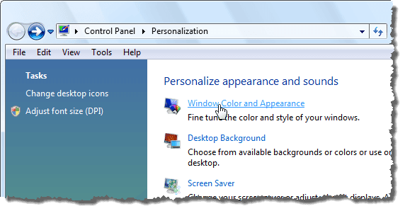 Щелчок Цвет и внешний вид окна в Vista