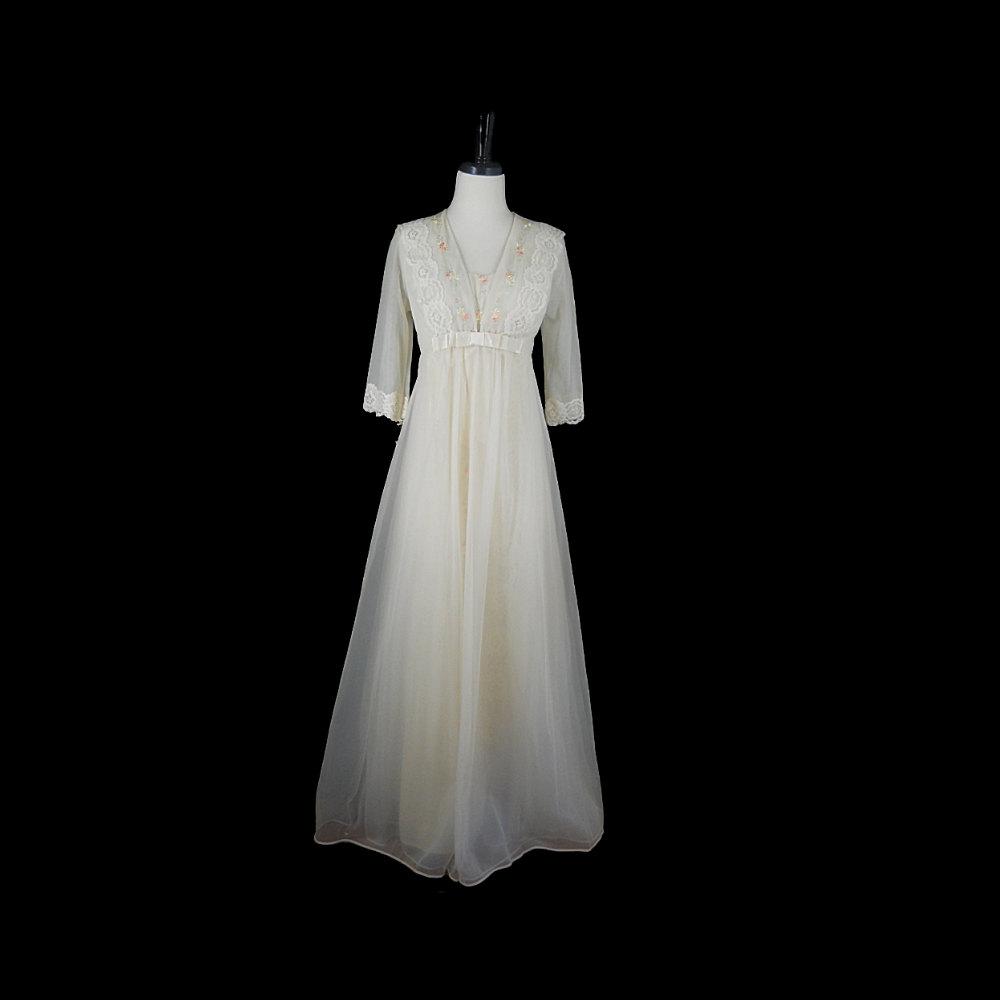 Vintage 1960s Double Chiffon Nightgown Robe XS S Peignoir Set Wedding