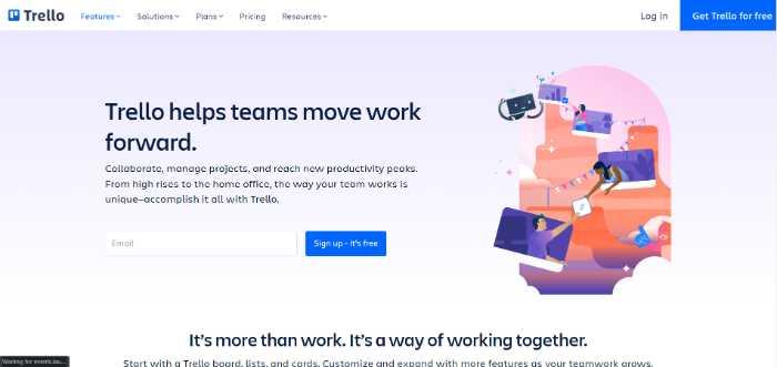 The homepage of the project management tool Trello 