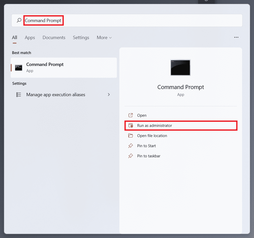 Zoekresultaten in het startmenu voor de opdrachtprompt.  Hoe ongeldige toegang tot geheugenlocatiefout in Valorant op te lossen?