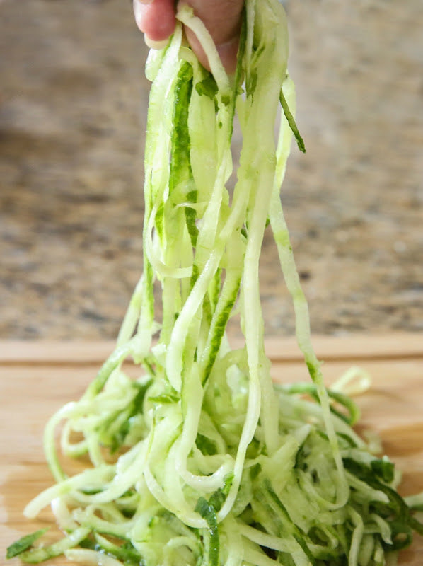 close-up photo of spiralized cucumber