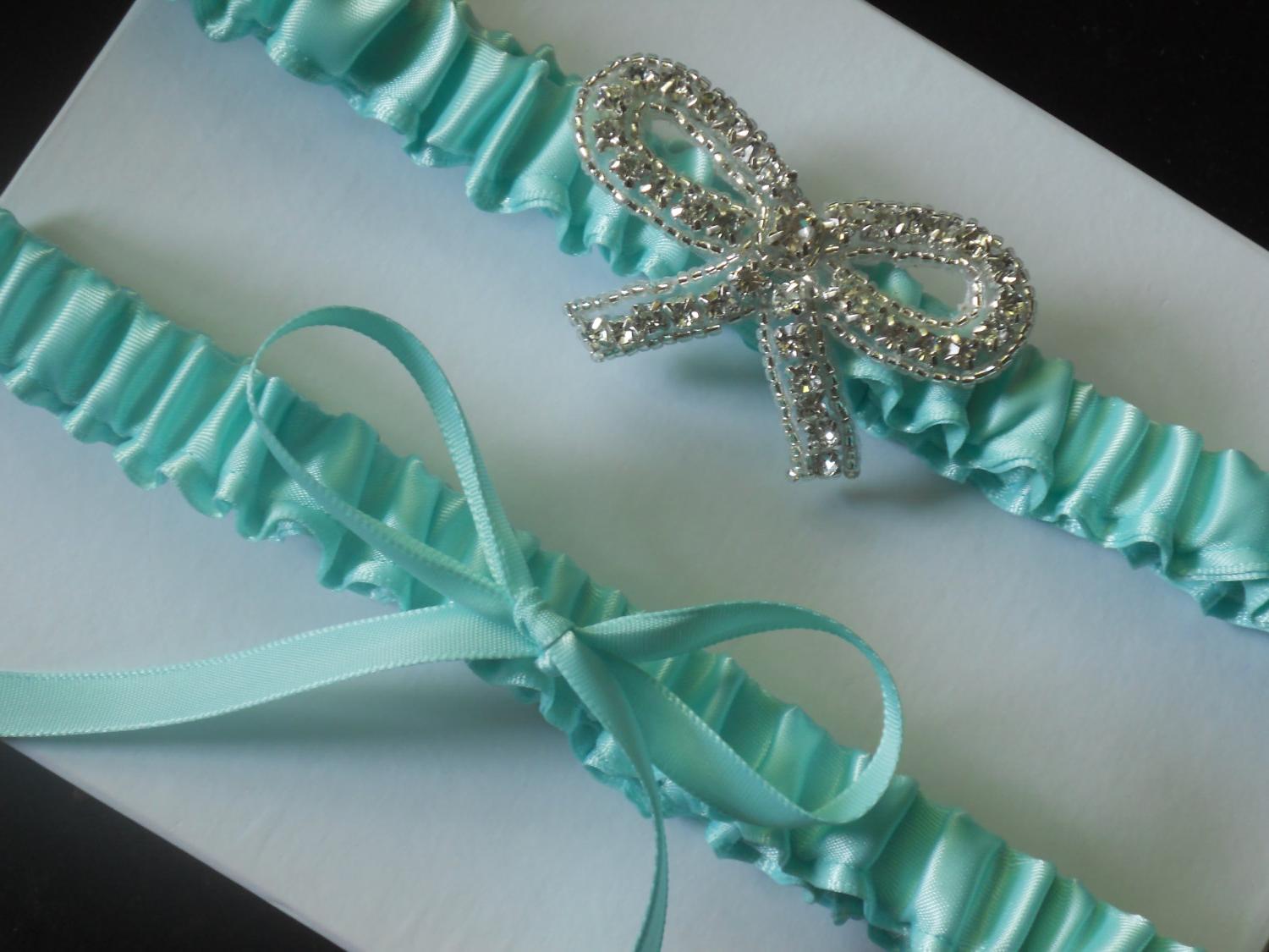 Lydia Tiffany Blue Satin Wedding Garter Set with Crystal Bow, Keepsake and