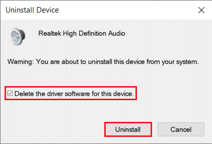 このデバイスのドライバソフトウェアを削除する横のチェックボックスをオンにして、[アンインストール]ボタンをクリックします