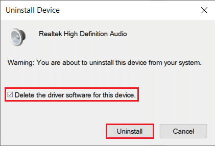 Seleziona la casella accanto a Elimina il software del driver per questo dispositivo e fai clic sul pulsante Disinstalla