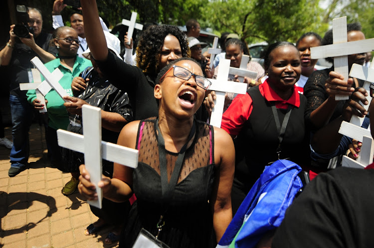 Families of patients who died in the Life Esidimeni tragedy outside the venue where arbitration hearings took place in 2018. File photo.