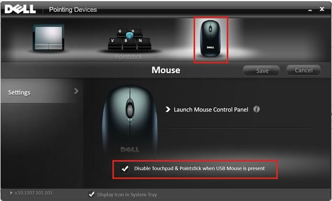 Segno di spunta Disabilita Touchpad quando è presente il mouse USB