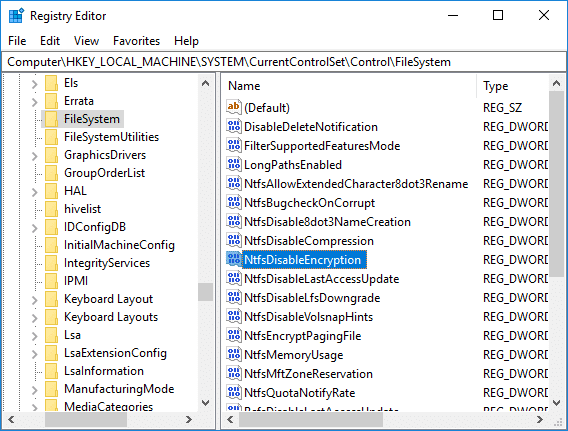 Selecteer FileSystem en dubbelklik in het rechterdeelvenster op NtfsDisableEncryption DWORD