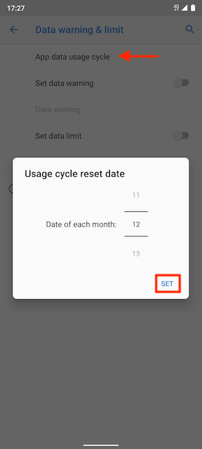 Establezca la fecha en que Android restablece su uso de datos móviles