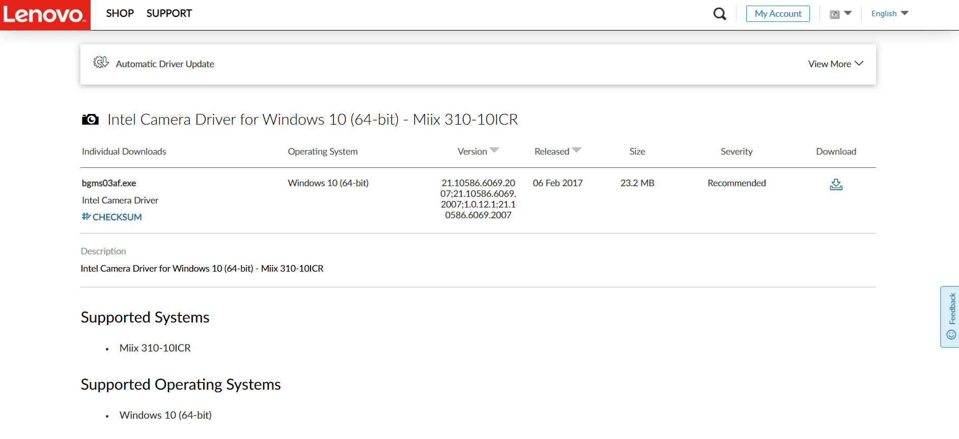 page de téléchargement du pilote de la caméra lenovo intel