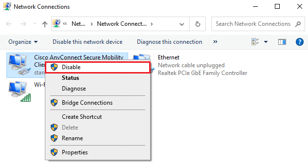 ตอนนี้คลิกขวาที่อแด็ปเตอร์แล้วเลือกตัวเลือกปิดการใช้งาน  แก้ไข Ubisoft Connect ไม่ทำงาน