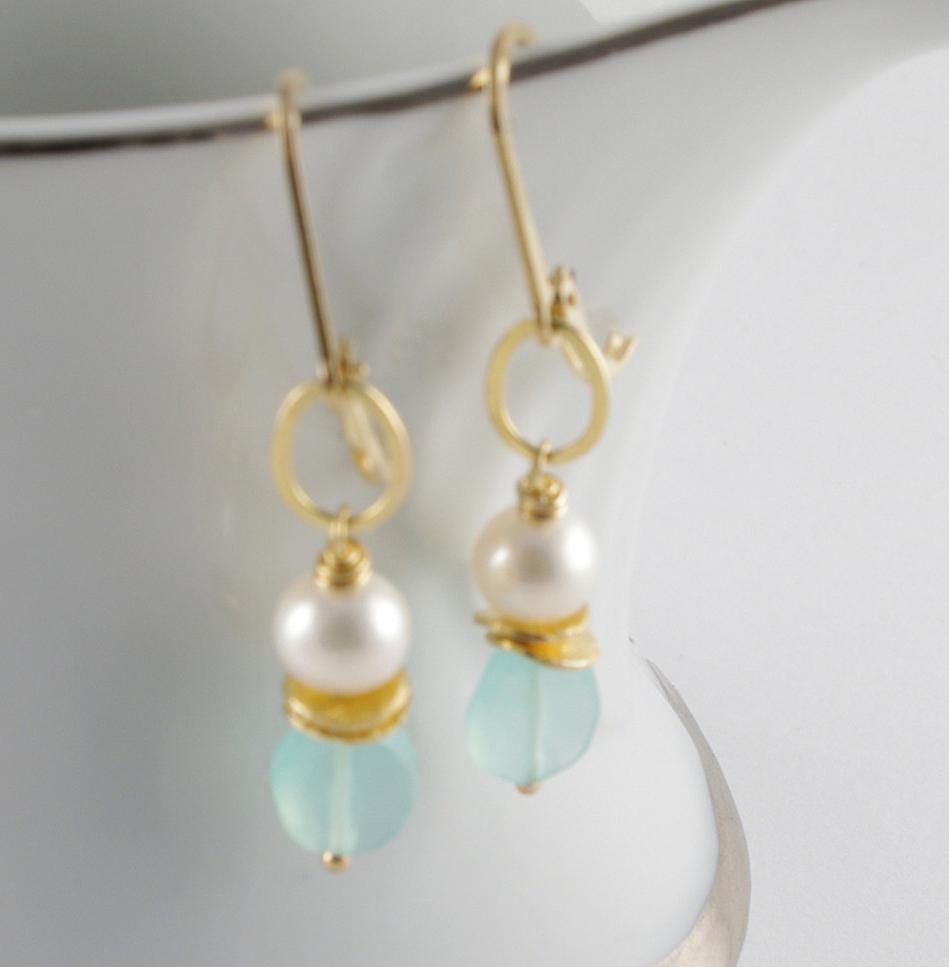 SEA Aqua Blue Bead Pearl Earrings Turquoise Chalcedony Stone14kt Gold White