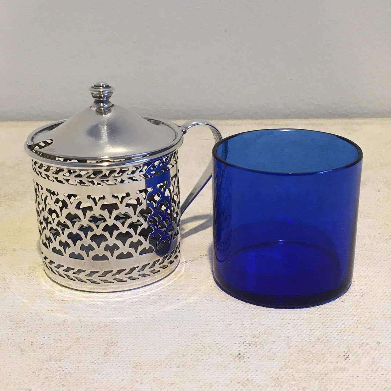 Sterling & Cobalt Glass Salt & Pepper Cellars