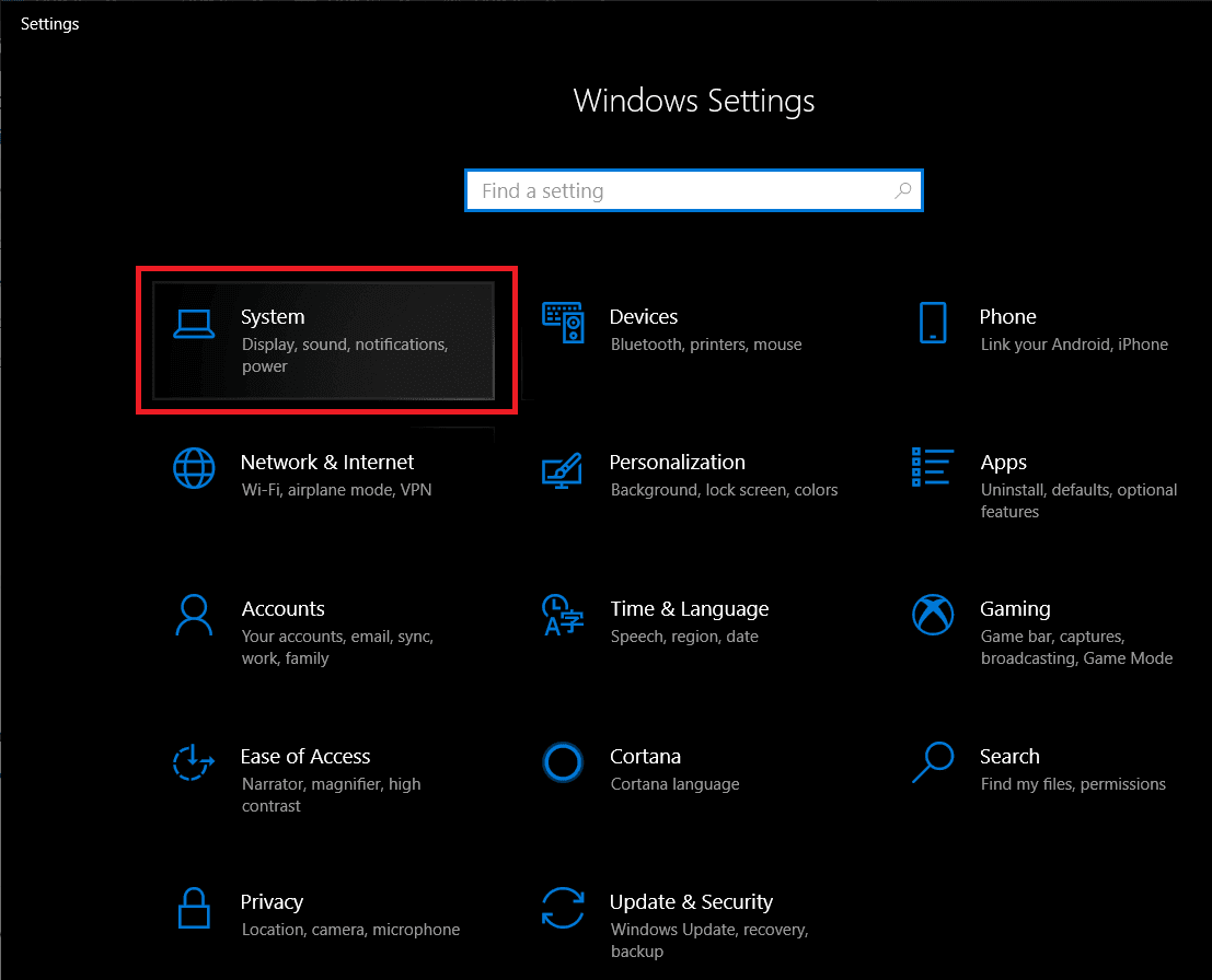 En el panel Configuración, busque Sistema y haga clic en el mismo para abrir