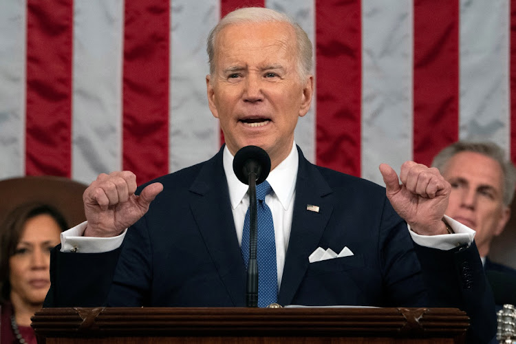 President Joe Biden delivers the State of the Union address to a joint session of Congress at the US Capitol, Tuesday, February 7, 2023, in Washington, as Vice President Kamala Harris and House Speaker Kevin McCarthy listen.