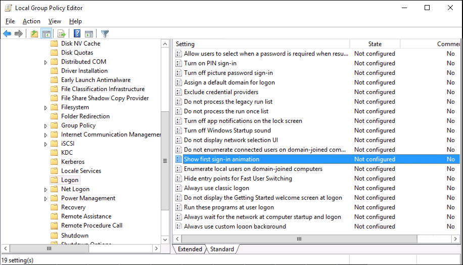 เลือก Logon จากนั้นดับเบิลคลิกที่ Show first sign-in animation . จากหน้าต่างด้านขวา