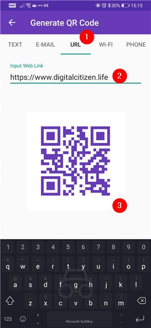 Sélection du type de contenu dans le code QR et remplissage des champs