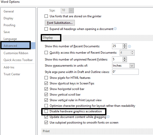 Klik op de optie Geavanceerd.  Zoek de weergaveoptie en vink de optie "Hardware grafische versnelling uitschakelen" aan