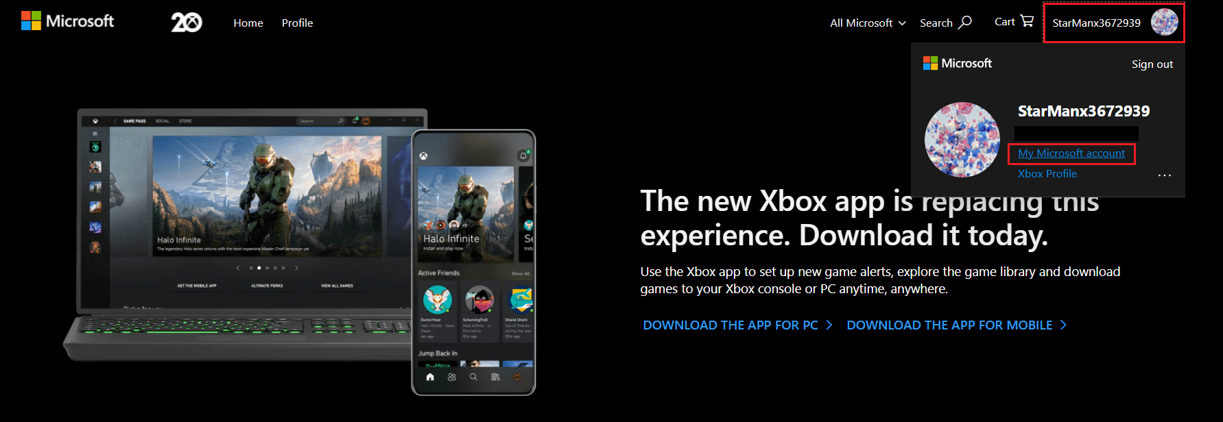 haga clic en el logotipo de Perfil y seleccione Mi cuenta de Microsoft en la página de inicio de Xbox Live.  Cómo arreglar Xbox One sigue desconectándome