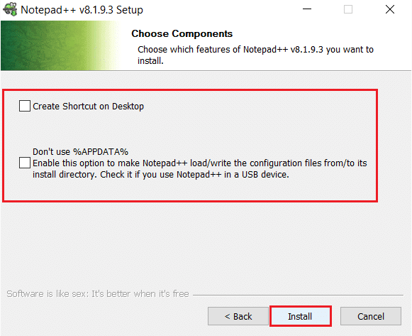 seleccione las opciones en la ventana de elegir componentes y haga clic en Siguiente en el Asistente de instalación de Notepad plus plus