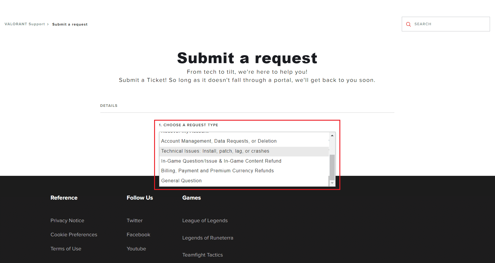 在 valorant 支持页面中选择请求类型。 如何修复 Windows 10 中的 Valorant Val 43 错误