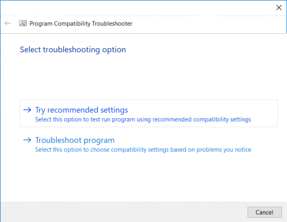 En la ventana Seleccionar opciones de solución de problemas, haga clic en Probar la configuración recomendada