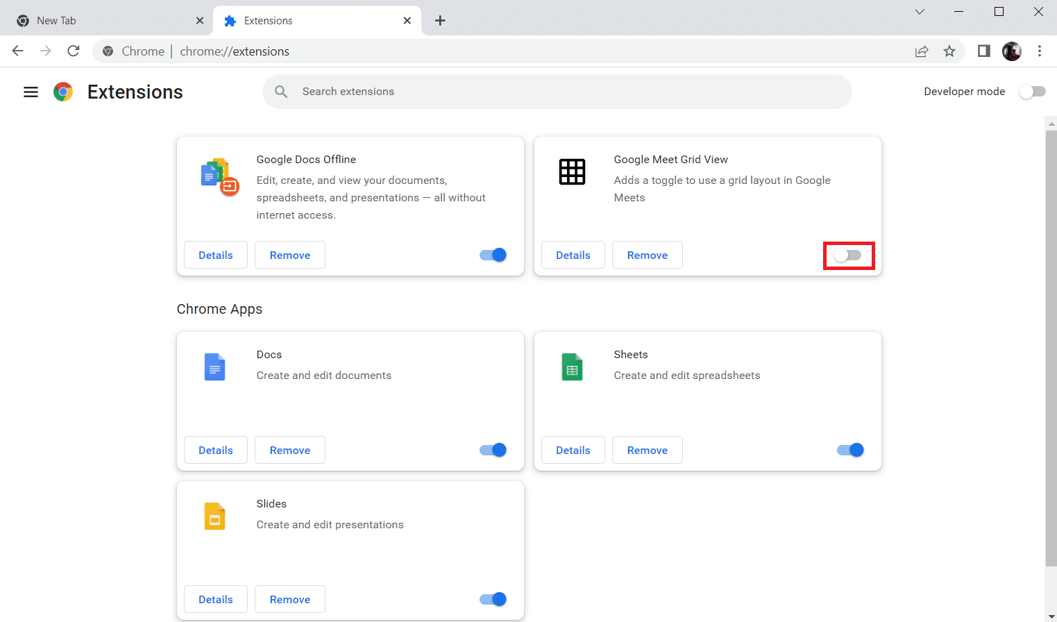 Schakel de Google Meet Grid View-extensie uit.  Hoe de Google Meet Grid View-extensie te repareren