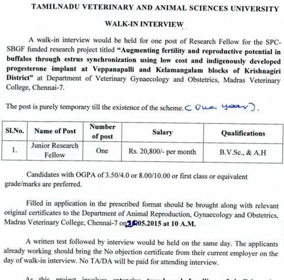 TANUVAS Animal Reproduction JRF Walk IN