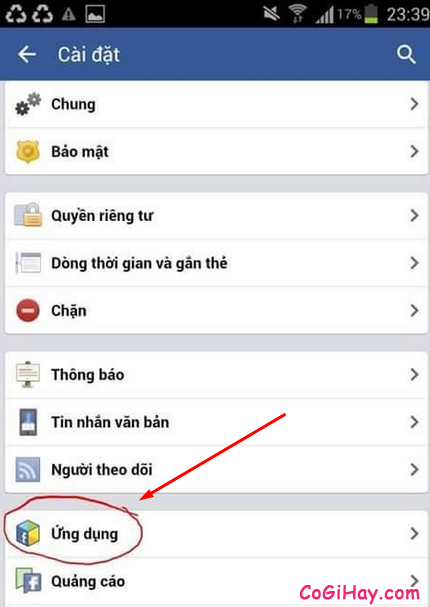 Vào phần cài đặt Ứng dụng facebook