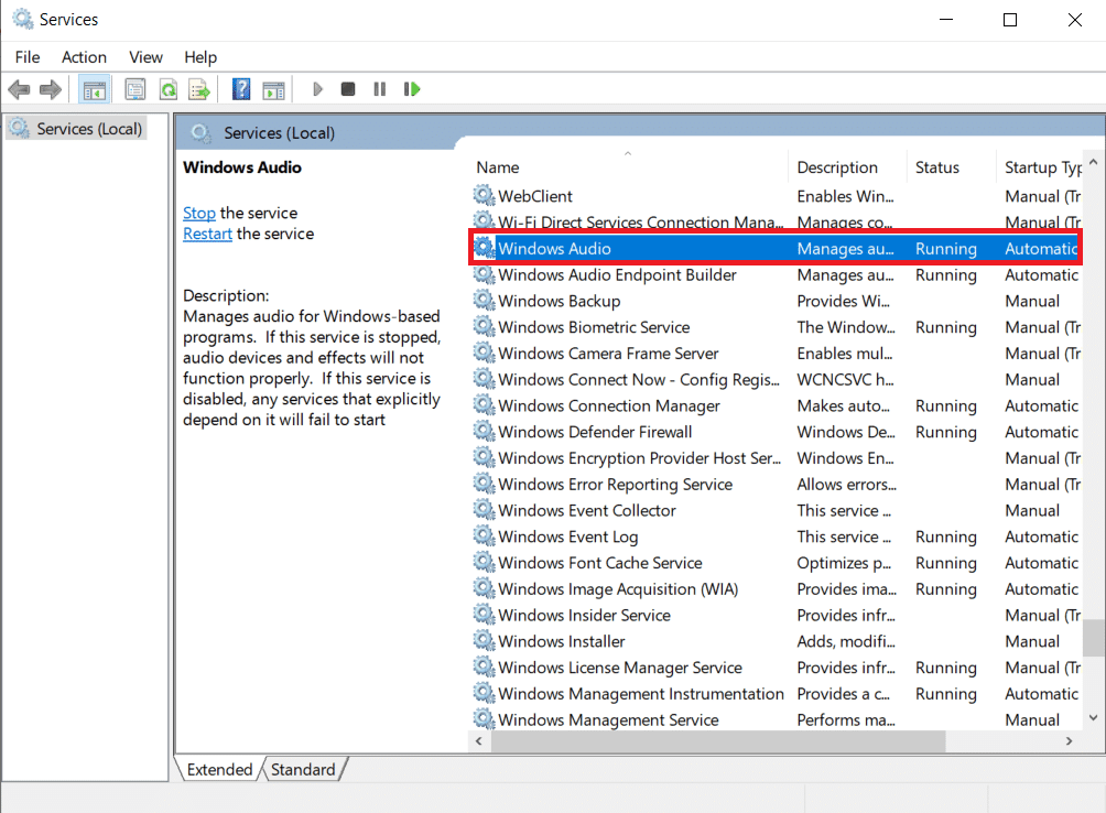 Desplácese por la ventana Servicios.  Haga doble clic en Audio de Windows.  Cómo arreglar que no haya dispositivos de audio instalados