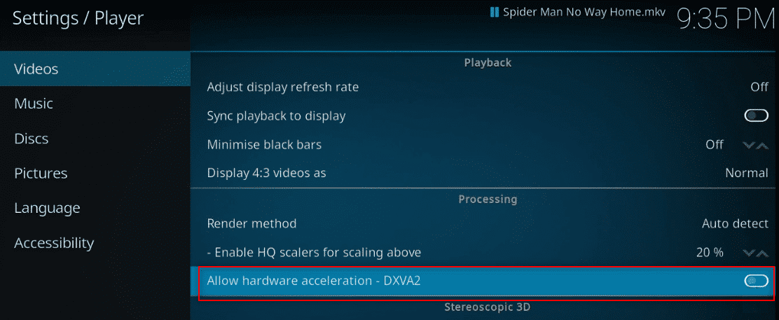 ปิดการสลับกับการตั้งค่า อนุญาตการเร่งด้วยฮาร์ดแวร์ DXVA2 ในการตั้งค่าเครื่องเล่น Kodi