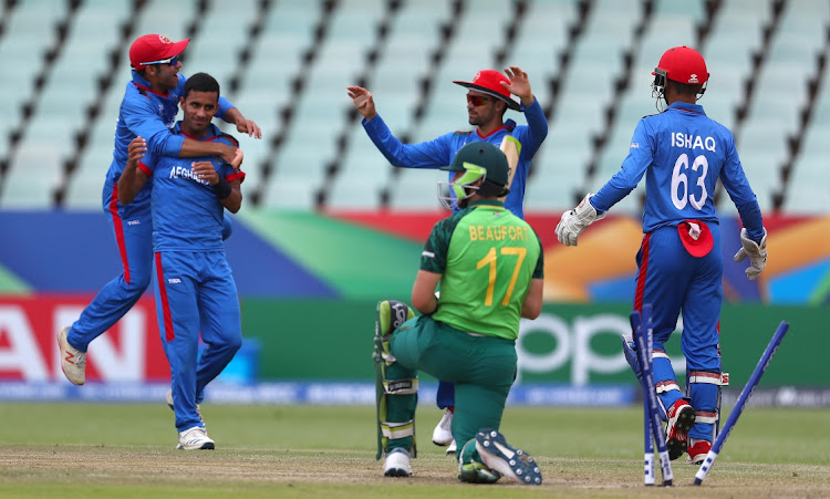 Farhan Zakhail of Afghanistan congratulates Shafiqullah Ghafari of Afghanistan on bowling Luke Beaufort of South Africa during the ICC U19 Cricket World Cup 7th Place Play-Off match at Willowmoore Park on February 5, 2020 in Benoni