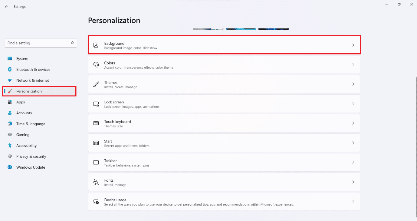 Section de personnalisation dans la fenêtre des paramètres