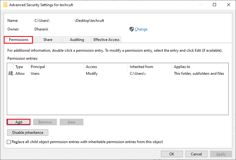 여기에서 권한 탭에서 추가를 클릭합니다.  Windows 10에서 서비스 오류 1053 수정