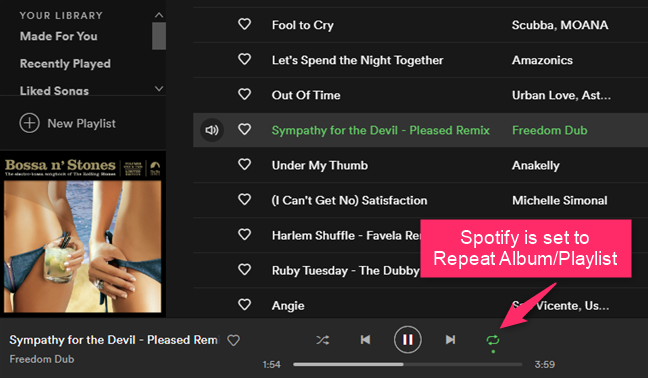 Spotify è impostato per ripetere l'album o la playlist corrente