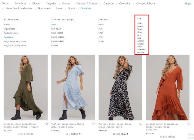 Opções de filtragem de produtos no Espaço Muna por tipo, preço, tamanho e cor