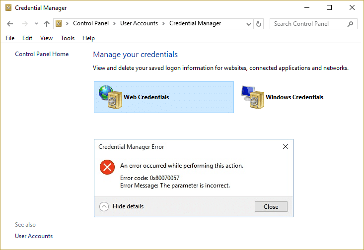 Fix Credential Manager Error 0x80070057 De parameter is onjuist