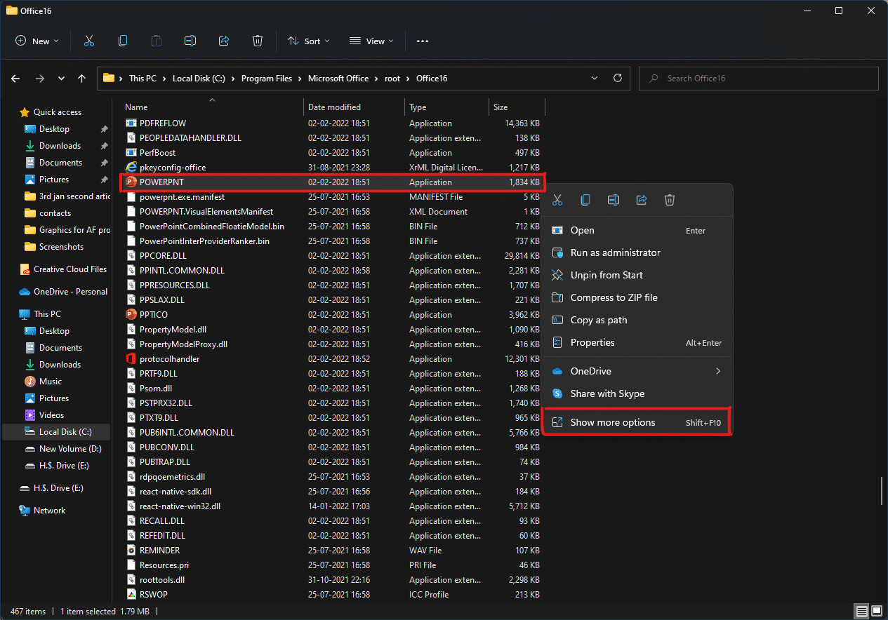 haga clic derecho en la aplicación de powerpoint y seleccione mostrar más opciones.  Cómo crear accesos directos de escritorio en Windows 11