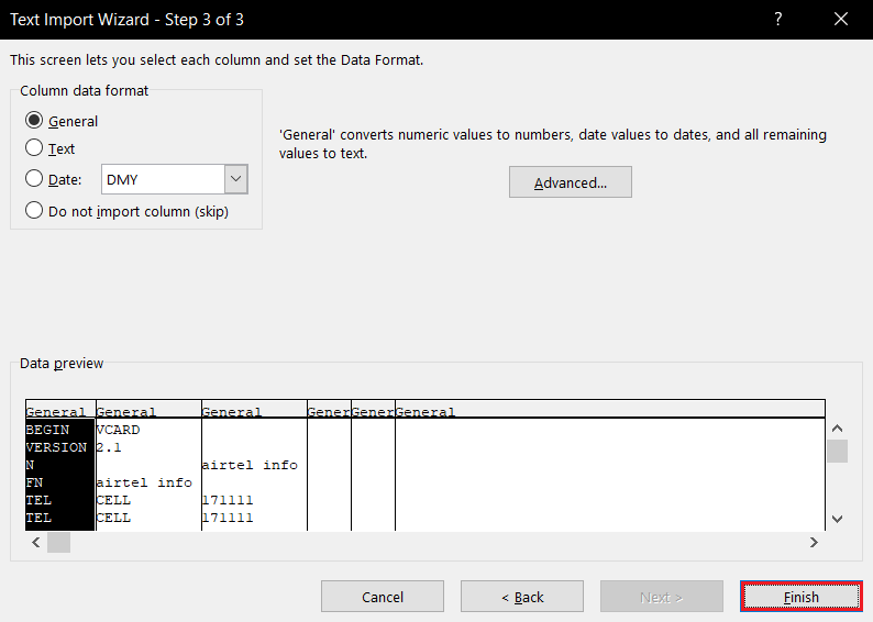 คลิกที่ปุ่มเสร็จสิ้นในตัวช่วยสร้างการนำเข้าข้อความบน MS Excel