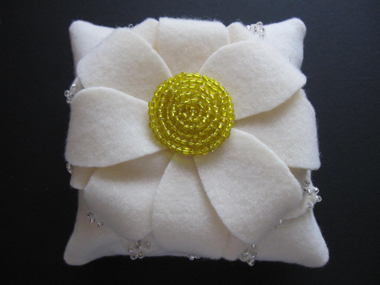 Ring Bearer Pillow Wedding Dahlia Flower Ivory Yellow