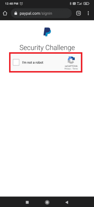 ทำภารกิจด้านความปลอดภัยให้เสร็จสมบูรณ์โดยทำเครื่องหมายที่ช่องถัดจาก ฉันไม่ใช่หุ่นยนต์  วิธีการลบ PayPal