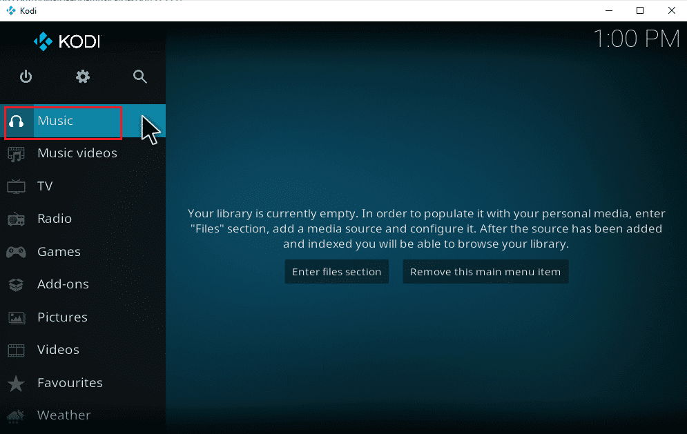 Seleccione Música en la aplicación Kodi